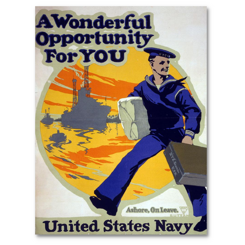 Vintage U.S. Navy recruitment poster by Charles E. Ruttan features a sailor with a suitcase, set against the backdrop of a majestic ship, reading "A Wonderful Opportunity For You, United States Navy.
