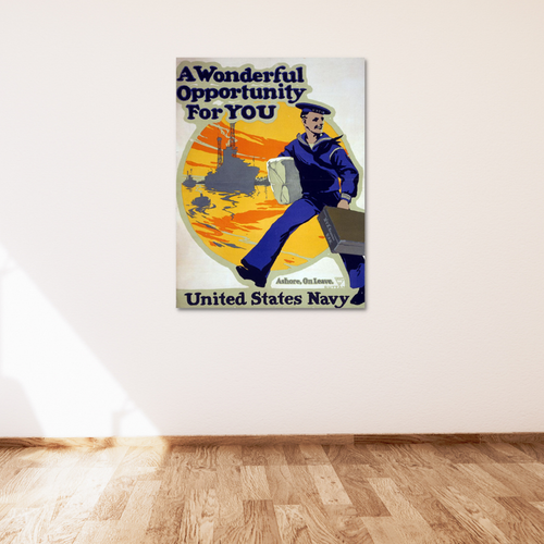 A vintage Charles E. Ruttan U.S. Navy recruitment poster adorns a plain white wall, showcasing a sailor with the enticing message, "A Wonderful Opportunity For YOU," and a majestic naval ship in the background.