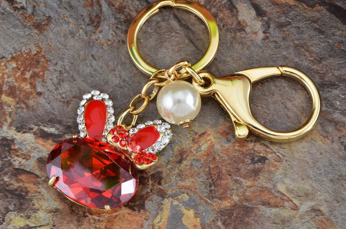 Swarovski Crystal Ruby Bunny Rabbit Bowtie Pearl Bead Keychain