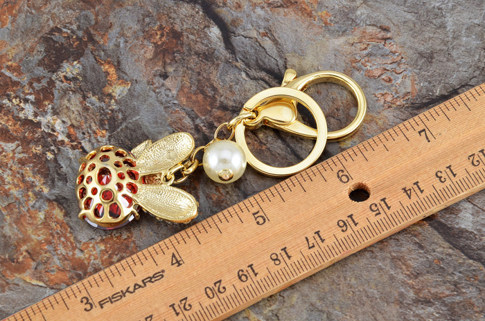 Swarovski Crystal Ruby Bunny Rabbit Bowtie Pearl Bead Keychain