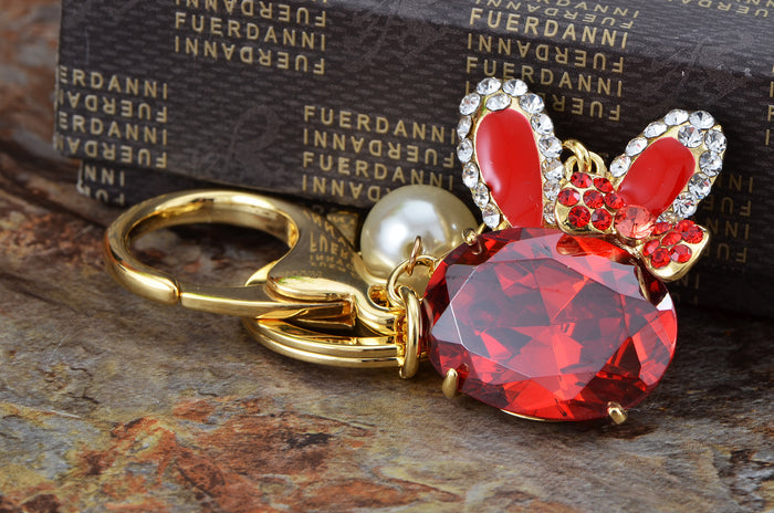 Swarovski Crystal Ruby Bunny Rabbit Bowtie Pearl Bead Keychain